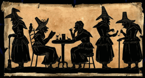 Witches_five_silhouetted_figure._Wellcome_V0048920